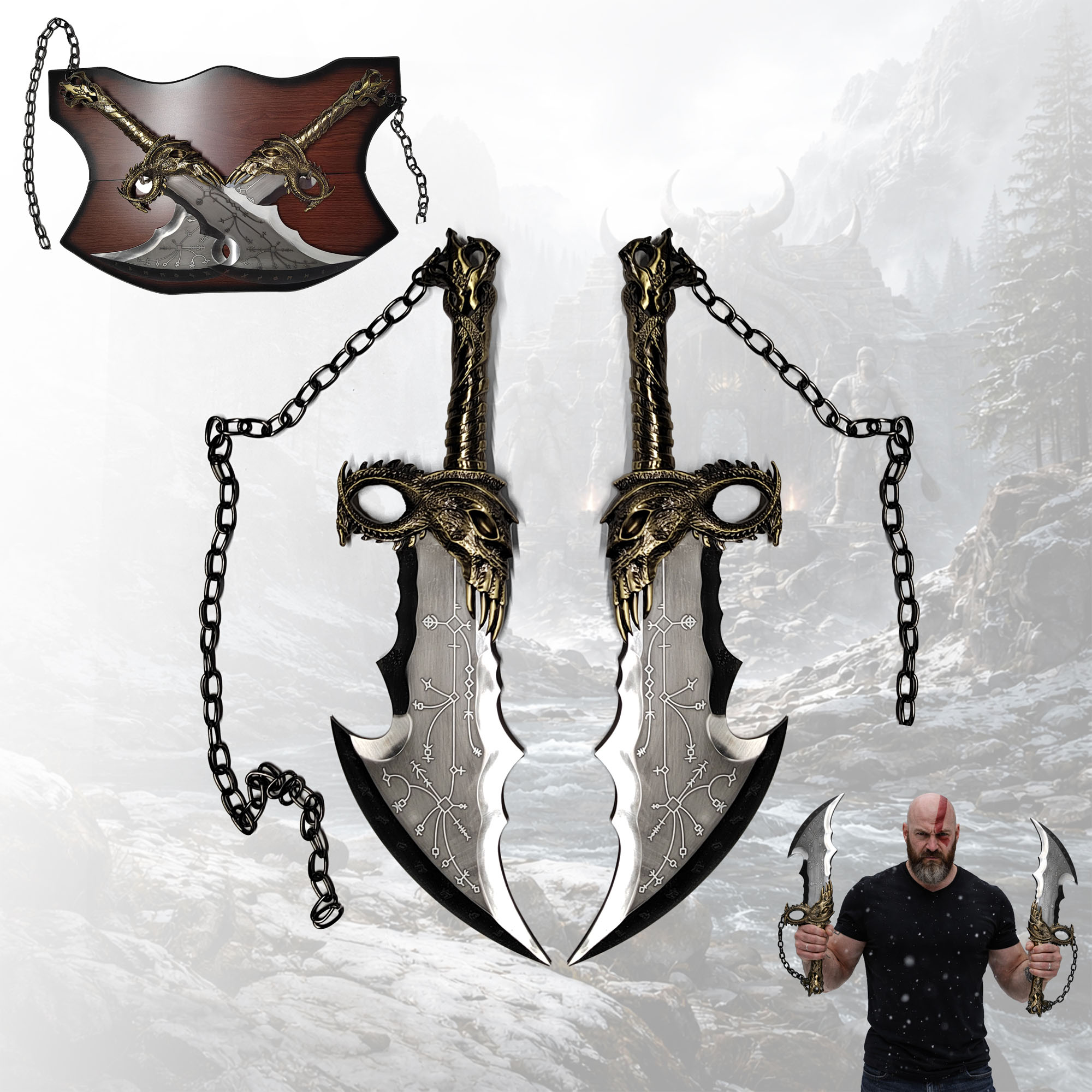 God of War: Kratos' Chaosklingen – Massive Vollmetall-Replik (2er Set) mit Wandhalter